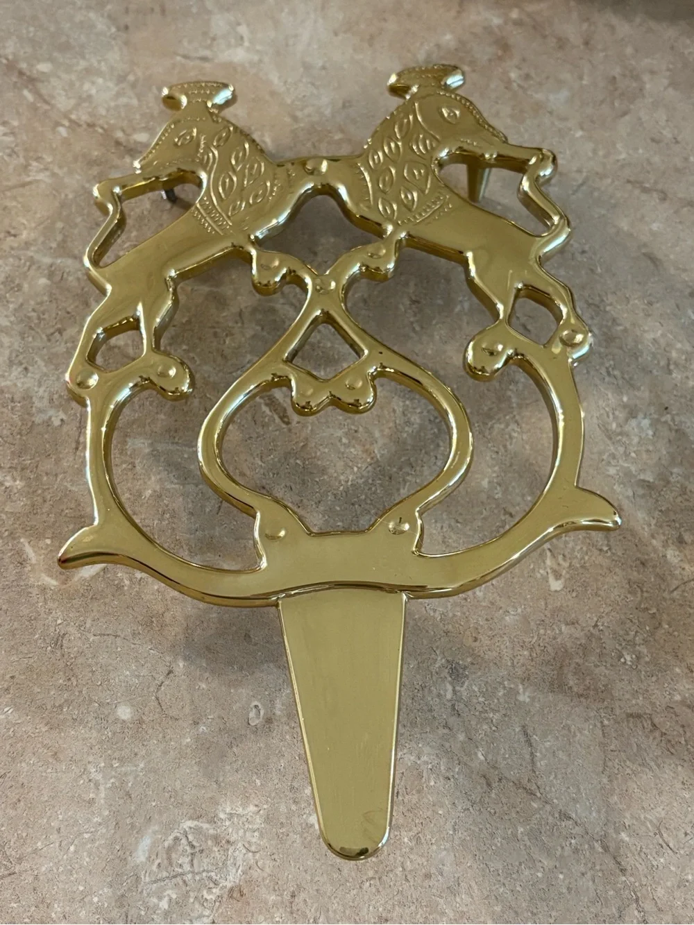 Brass Tone Double Lion Decorative Gold Trivet *